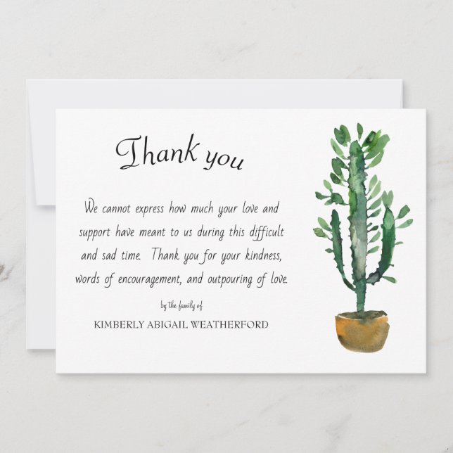 Tarjeta De Agradecimiento Cactus Funeral Potted (Anverso)