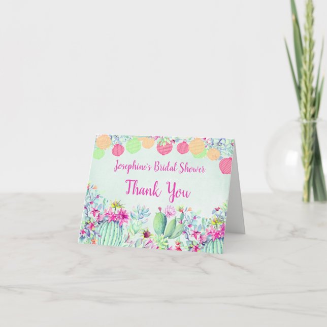 Tarjeta De Agradecimiento Cactus Lantern Succulents Bridal Shower Gracias (Anverso)