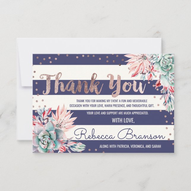 Tarjeta De Agradecimiento Cactus Rosa Rayas Azul Marino Rosa Oro Gracias (Anverso)