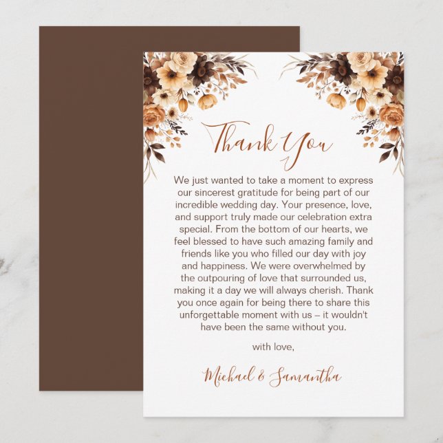 Tarjeta De Agradecimiento Cae en matrimonio rústico marrón y marfil Rosa de  (Anverso / Reverso)