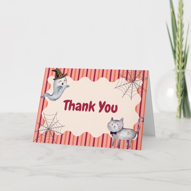 Tarjeta De Agradecimiento Cae un gato fantasma pequeño lindo en otoño en Bab (Anverso)