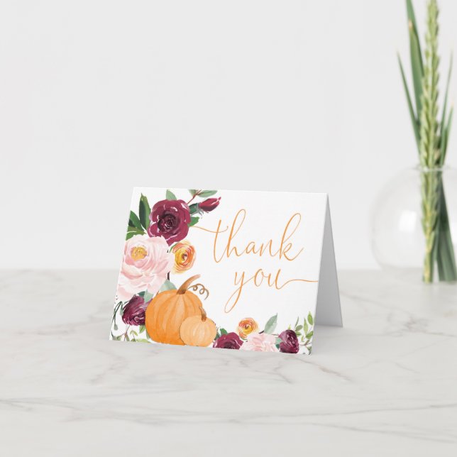 Tarjeta De Agradecimiento Caer en calabazas pequeñas burdeos rosa floral (Anverso)