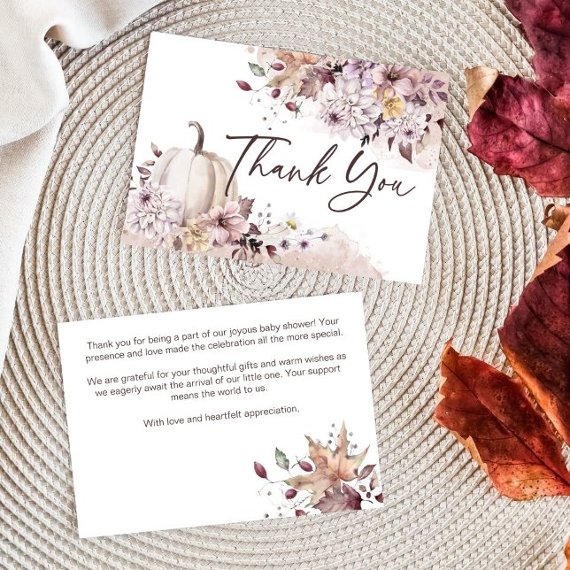 Tarjeta De Agradecimiento Caer en el amor bebé ducha calabaza boho gracias (Fall in love autumn baby shower thank you cards boho pastel pumpkin dahlias thank you cards)