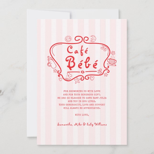 Tarjeta De Agradecimiento Café Bébé Chica Rojo Moderno Francés Baby Shower (Anverso)