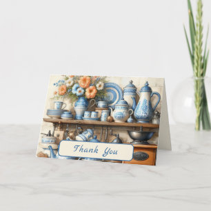 Tarjeta De Agradecimiento Cafetera antigua azul y blanca