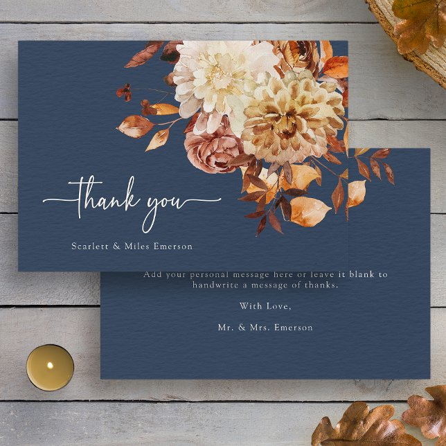 Tarjeta De Agradecimiento Caída Azul de la Marina Gracias (Watercolor Navy Blue Fall Floral Thank You Card by Painted Paperie
)