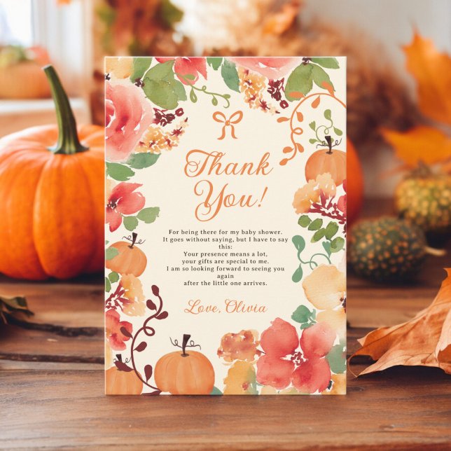 Tarjeta De Agradecimiento Caída Bow Boho calabaza crema floral ducha bebé (Fall Bow Boho pumpkin floral cream baby shower Thank You Card)