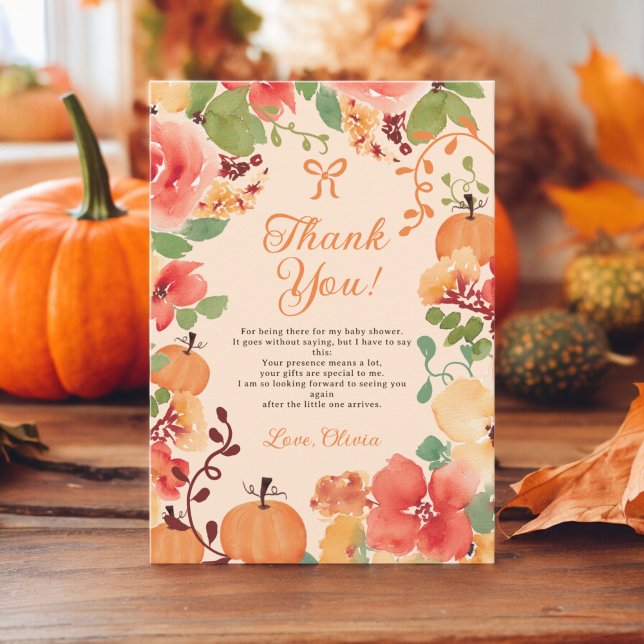 Tarjeta De Agradecimiento Caída Bow Boho calabaza melocotón florido ducha de (Fall Bow Boho Little pumpkin floral baby shower Thank You Card on peach)