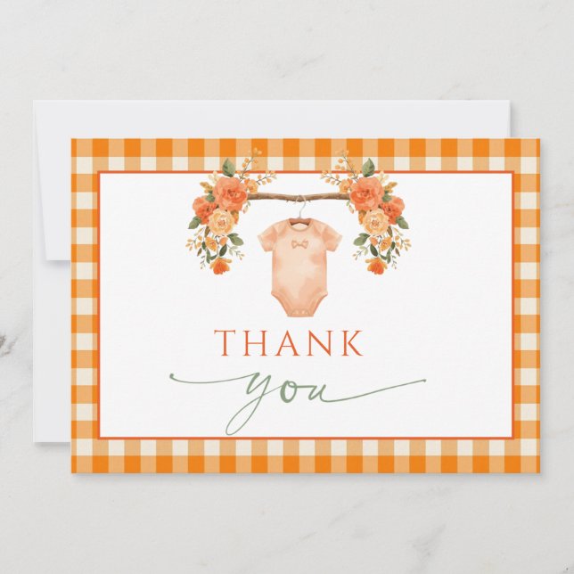 Tarjeta De Agradecimiento Caída En El Amor Naranja Floral Gingham Baby Graci (Anverso)