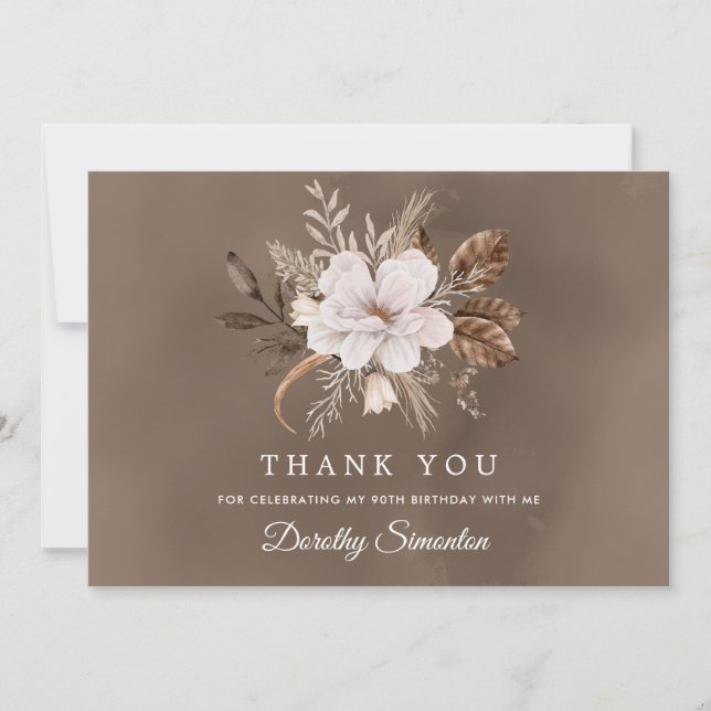 Tarjeta De Agradecimiento Caída Neutra de Floral Blanca 90 cumpleaños (Anverso)