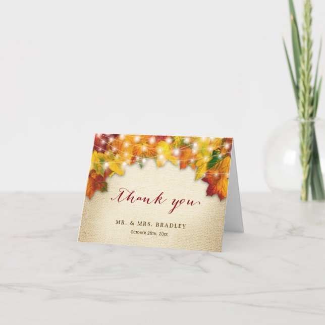 Tarjeta De Agradecimiento Caída Rústica Dejar Luces De Cadena Burlap Gracias (Anverso)