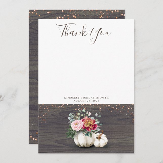 Tarjeta De Agradecimiento Calabaza Blanca de Madera Rústica Gracias (Anverso / Reverso)