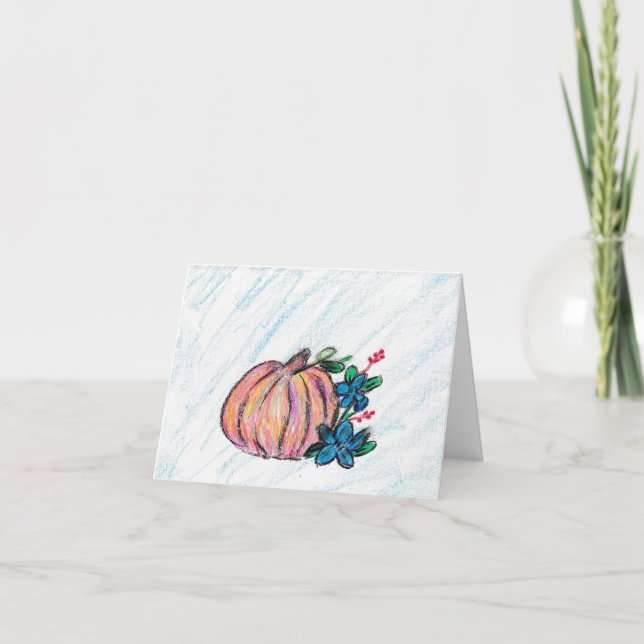 Tarjeta De Agradecimiento Calabaza con flores azules (Anverso)