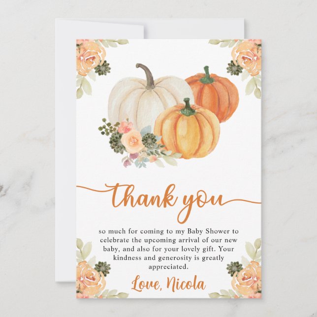 Tarjeta De Agradecimiento Calabaza de caída acuática y Baby Shower de cactus (Anverso)