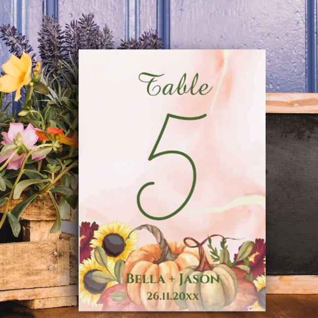 Tarjeta De Agradecimiento Calabaza de girasol temática de otoño número de me (Sunflower Pumpkin Themed Fall WEDDING Table Number)