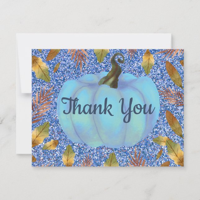 Tarjeta De Agradecimiento Calabaza de Otoño en Acuarela con Brillo Azul (Anverso)