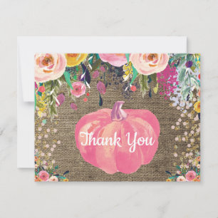 Tarjeta De Agradecimiento Calabaza de Otoño Floral Arpillera Glitter de Conf