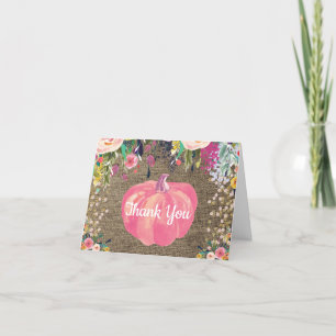 Tarjeta De Agradecimiento Calabaza de otoño floral con confeti de purpurina 