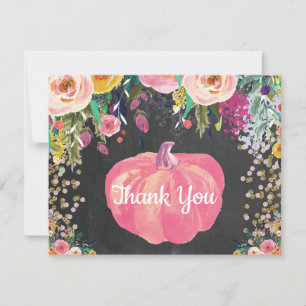 Tarjeta De Agradecimiento Calabaza de Otoño Floral Rosa Dorado Confeti Brill