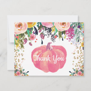 Tarjeta De Agradecimiento Calabaza de Otoño Floral Rosa Dorado Confeti Brill