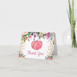 Tarjeta De Agradecimiento Calabaza de Otoño Floral Rosa Dorado Confeti Brill