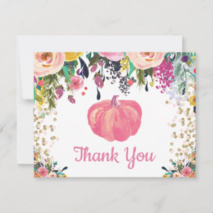 Tarjeta De Agradecimiento Calabaza de Otoño Floral Rosa Dorado Glitter Confe