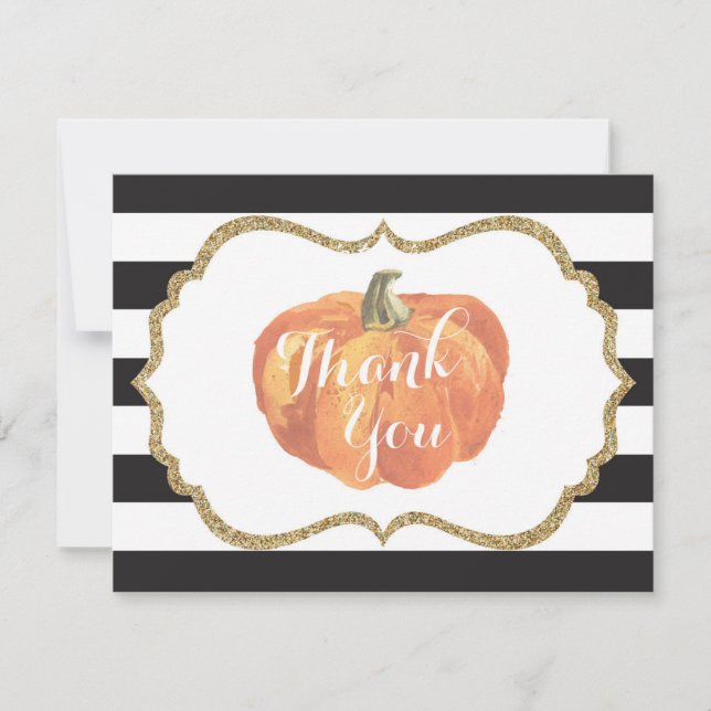 Tarjeta De Agradecimiento Calabaza de otoño naranja negro y dorado (Anverso)