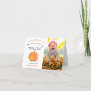 Tarjeta De Agradecimiento Calabaza de otoño   Primer cumpleaños gracias con 