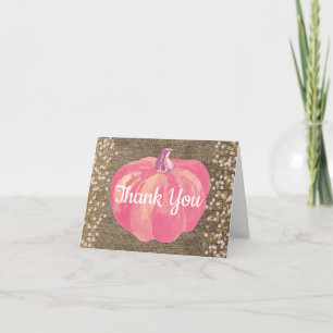 Tarjeta De Agradecimiento Calabaza de Otoño Rosa Dorado Brillo Arpillera