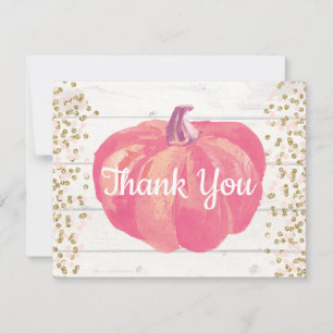 Tarjeta De Agradecimiento Calabaza de Otoño Rústica Rosa Dorado Brillante