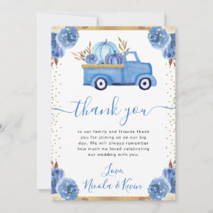 Tarjeta De Agradecimiento Calabaza Floral Azul y Dorada Camión Bodas de Otoñ