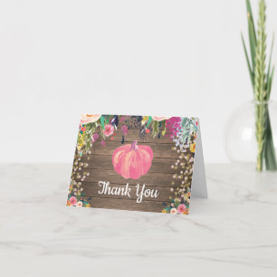 Tarjeta De Agradecimiento Calabaza Otoñal Floral Arpillera Rosa Dorado Brill