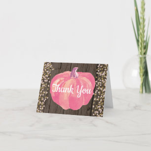 Tarjeta De Agradecimiento Calabaza Otoñal Rústica Glitter Rosa Dorado