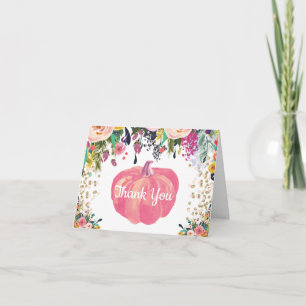 Tarjeta De Agradecimiento Calabaza Rosa Dorada Confeti Brillante Floral Otoñ