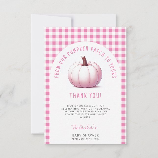 Tarjeta De Agradecimiento Calabaza Rosa Gingham Plantar a la Niña Baby Showe (Anverso)