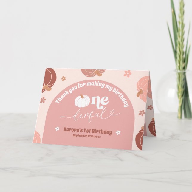 Tarjeta De Agradecimiento Calabaza Rosa Retro Primer Cumpleaños Doblado Grac (Anverso)