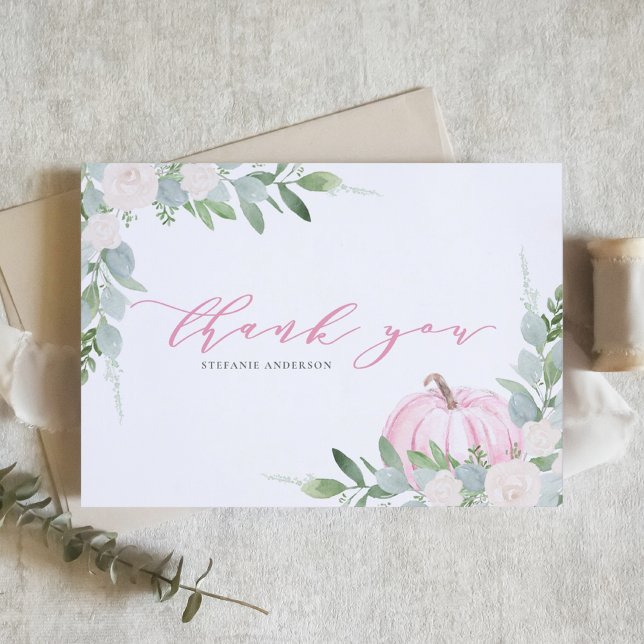 Tarjeta De Agradecimiento Calabaza rosa y vegetación Baby Shower otoño (Subido por el creador)