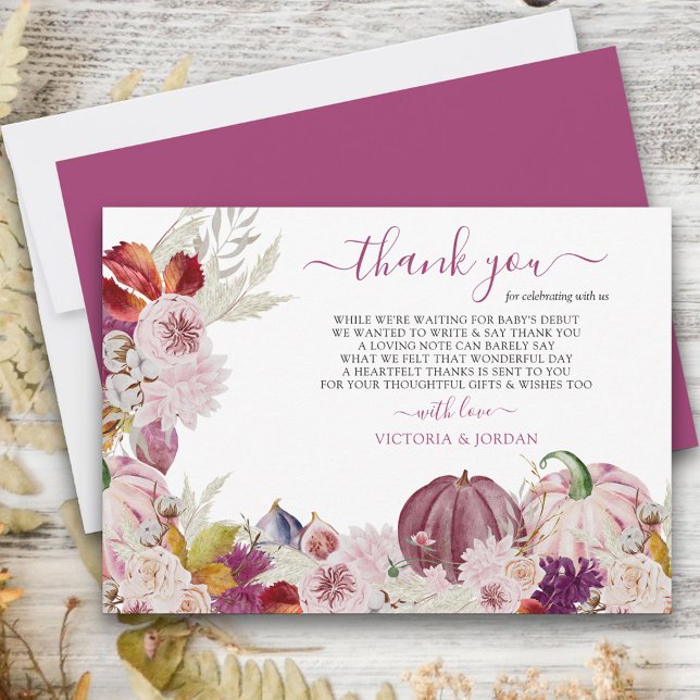 Tarjeta De Agradecimiento Calabaza Rusa Floral y Rosa (Fall thank you card with poem, autumn leaves and pink pumpkins)