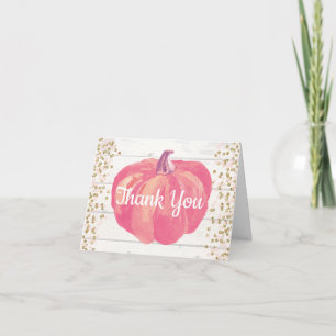 Tarjeta De Agradecimiento Calabaza rústica de otoño rosa dorado brillo