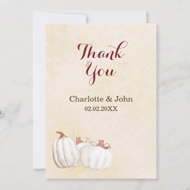 Tarjeta De Agradecimiento calabazas blancas cosecha otoño boda gracias (Anverso)