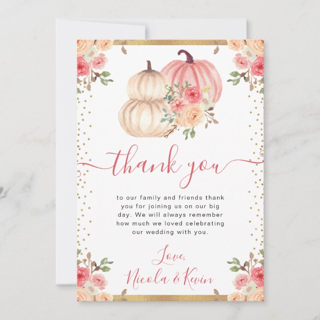 Tarjeta De Agradecimiento Calabazas de bomba florales beige rosa acuarela Bo (Anverso)