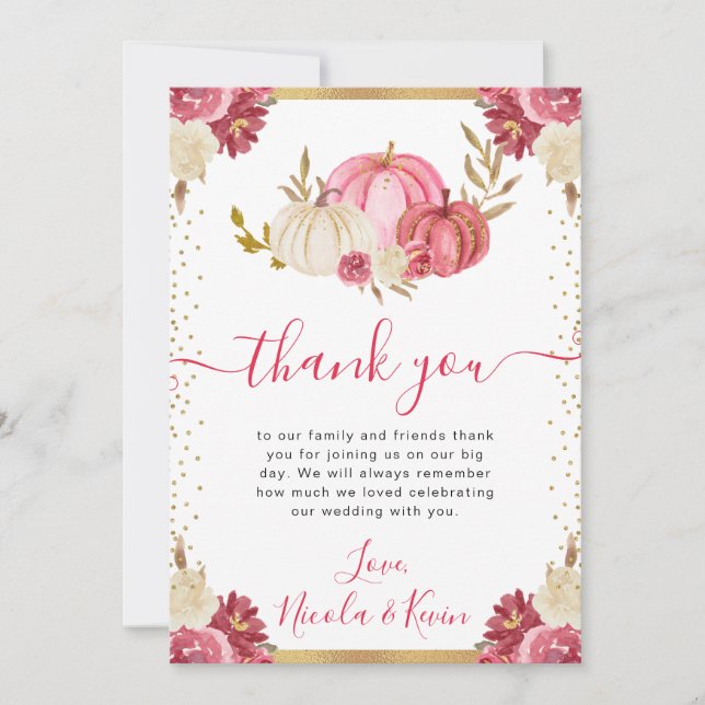 Tarjeta De Agradecimiento Calabazas florales rosadas y doradas caen en matri (Anverso)