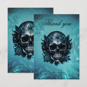 Tarjeta De Agradecimiento Calavera azul oscuro con rosas.
