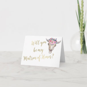 Tarjeta De Agradecimiento Calavera de Vaca Boho Boda Dorada Matrona de Honor