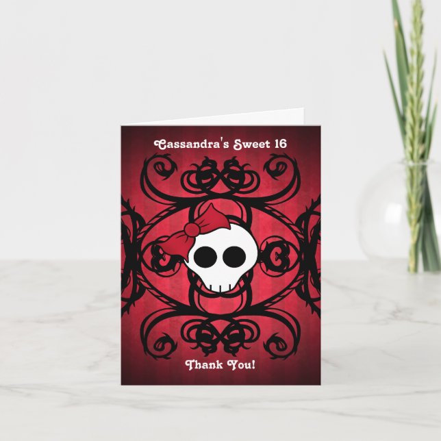 Tarjeta De Agradecimiento Calavera gótica aguda sobre dulce rojo y negro 16 (Anverso)