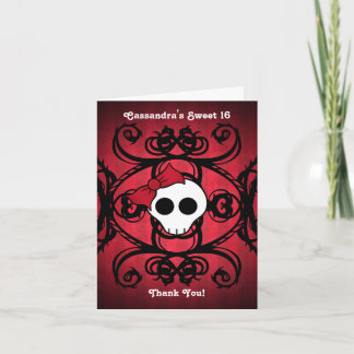 Tarjeta De Agradecimiento Calavera gótica aguda sobre dulce rojo y negro 16