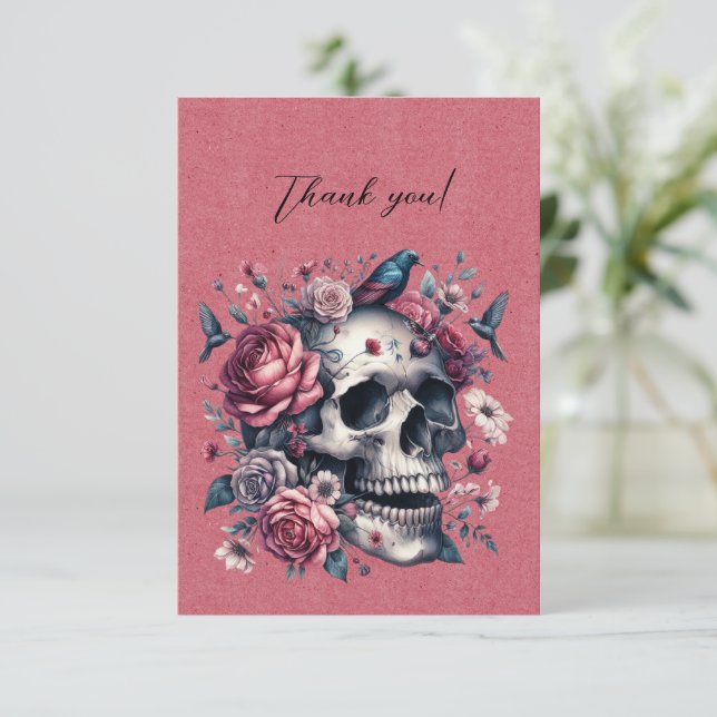 Tarjeta De Agradecimiento Calavera Gótica Pájaros Flores En Rosa Rojo Gracia (Anverso de pie)