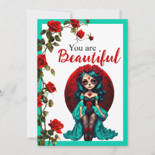 Tarjeta De Agradecimiento Calaveras de azúcar de rosas verde azuladas y roja