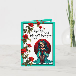 Tarjeta De Agradecimiento Calaveras de azúcar de rosas verde azuladas y roja