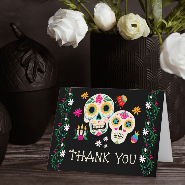 Tarjeta De Agradecimiento Calaveras de Azúcar Florales del Día de Muertos (Day of the Dead thank you card with sugar skulls from my Dia de los Muertos collection)